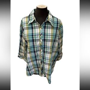 Southern Lady Blue and Green Plaid Button Down Shirt, 3/5 sleeve, size XL, EUC